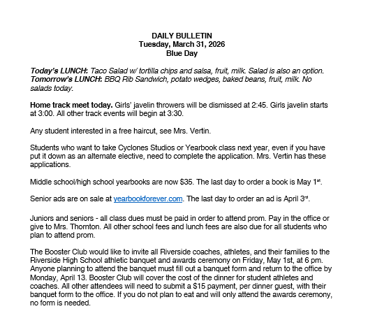 3/30/26 HS Daily Bulletin