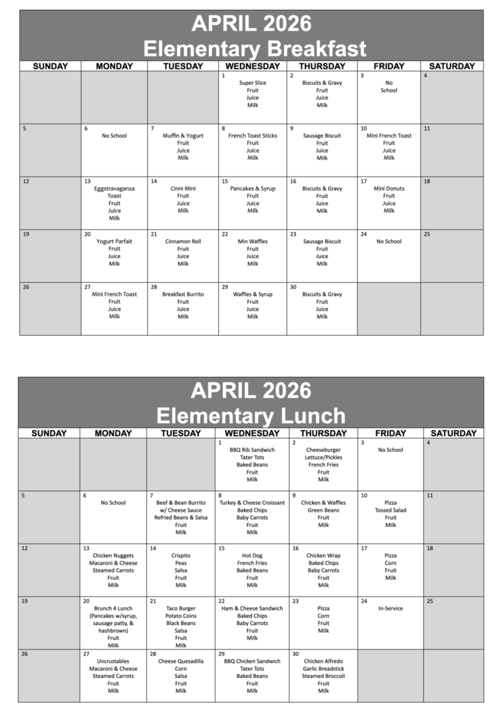 april elementary breakfast and lunch 2026