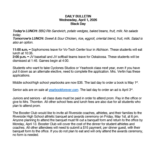 4/1/26 HS Daily Bulletin