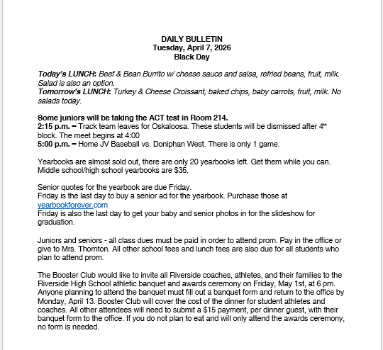4/7/26 HS Daily Bulletin