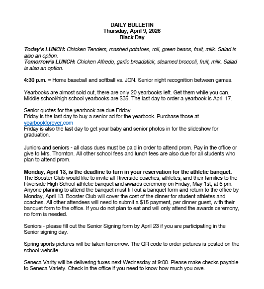 4/9/26 HS Daily Bulletin