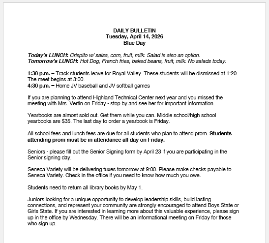 4/14/26 HS Daily Bulletin