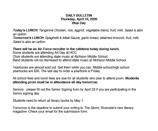 4/16/26 HS Daily Bulletin