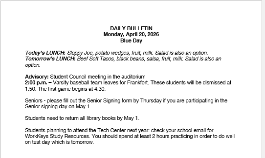 4/20/26 HS Daily Bulletin