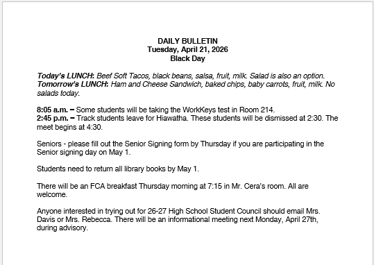 4/21/26 HS Daily Bulletin