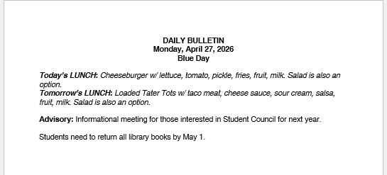 4/27/26 HS Daily Bulletin