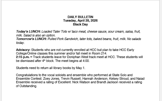 4/28/26 HS Daily Bulletin