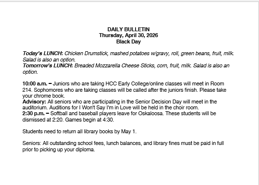 4/30/26 HS Daily Bulletin