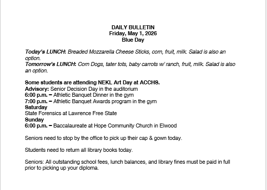 5/1/26 HS Daily Bulletin
