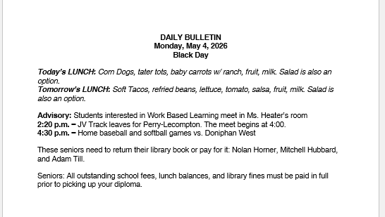 5/4/26 HS Daily Bulletin