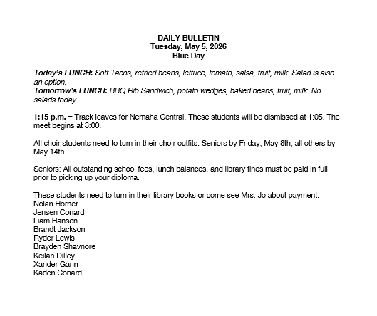 5/5/26 HS Daily Bulletin