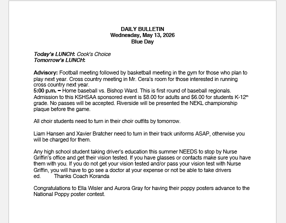 5/13/26 HS Daily Bulletin