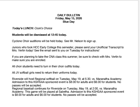 5/15/26 HS Daily Bulletin