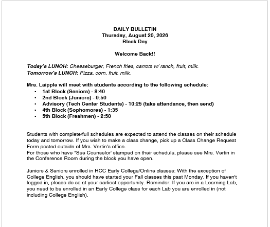 8/20/26 HS Daily Bulletin