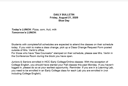 8/21/26 HS Daily Bulletin
