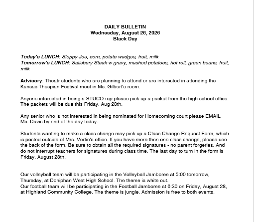 8/26/26 HS Daily Bulletin