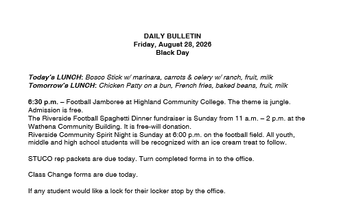 8/28/26 HS Daily Bulletin
