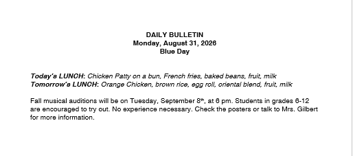 8/31/26 HS Daily Bulletin