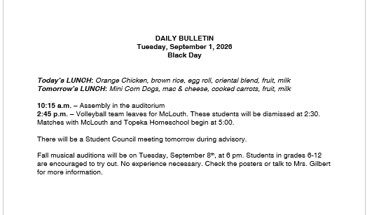 9/1/26 HS Daily Bulletin