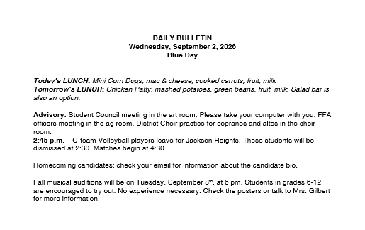 9/2/26 HS Daily Bulletin