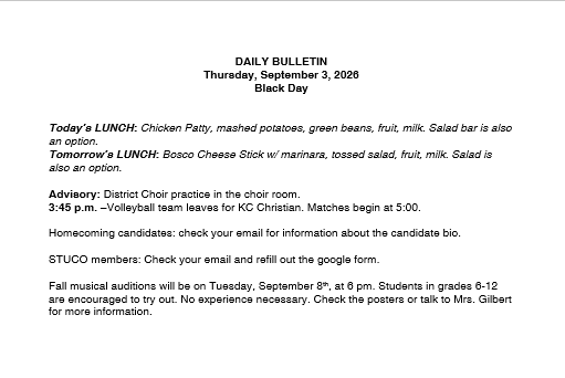 9/3/26 HS Daily Bulletin