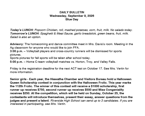 9/9/26 HS Daily Bulletin
