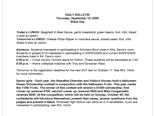 9/10/26 HS Daily Bulletin