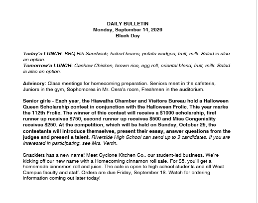 9/14/26 HS Daily Bulletin