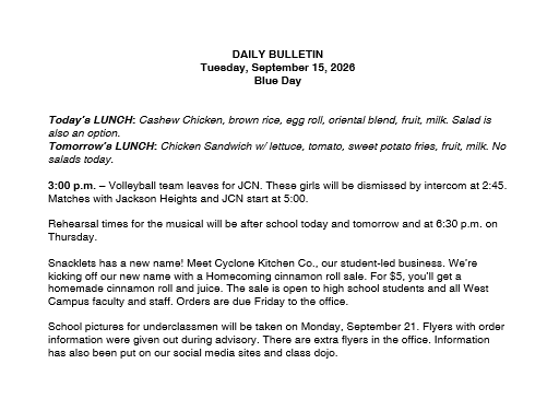 9/15/26 HS Daily Bulletin