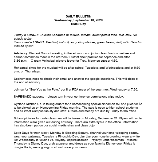 9/16/26 HS Daily Bulletin
