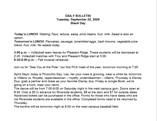 9/22/26 HS Daily Bulletin