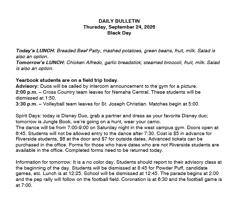 9/24/26 HS Daily Bulletin