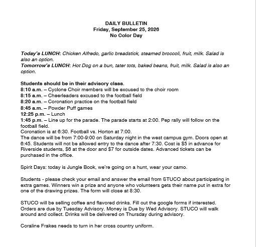 9/25/26 HS Daily Bulletin