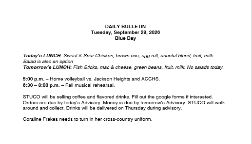 9/29/26 HS Daily Bulletin