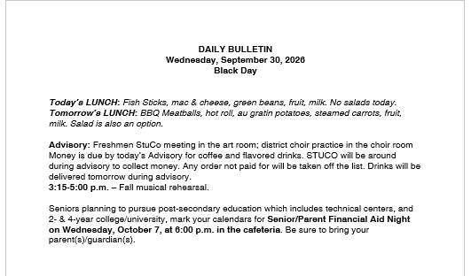 9/30/26 HS Daily Bulletin