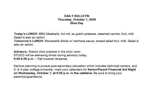 10/1/26 HS Daily Bulletin