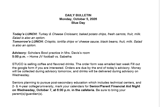10/5/26 HS Daily Bulletin