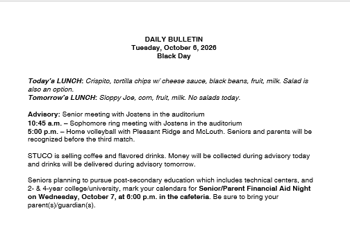 10/6/26 HS Daily Bulletin