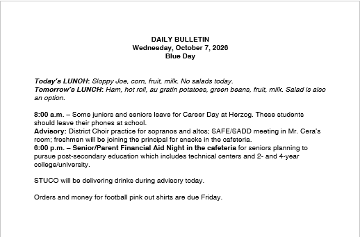 10/7/26 HS Daily Bulletin