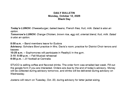 10/12/26 HS Daily Bulletin
