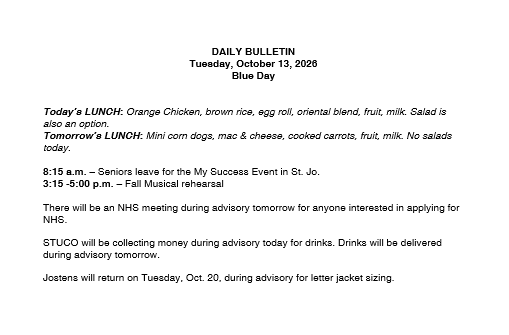 10/13/26 HS Daily Bulletin