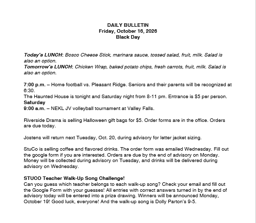 10/16/26 HS Daily Bulletin