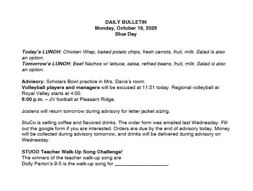 10/19/26 HS Daily Bulletin