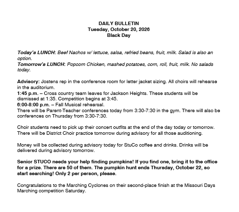 10/20/26 HS Daily Bulletin