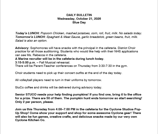 10/21/26 HS Daily Bulletin