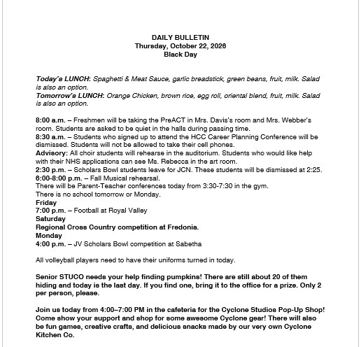 10/22/26 HS Daily Bulletin