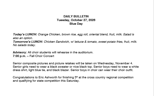 10/27/26 HS Daily Bulletin