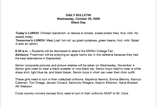 10/28/26 HS Daily Bulletin
