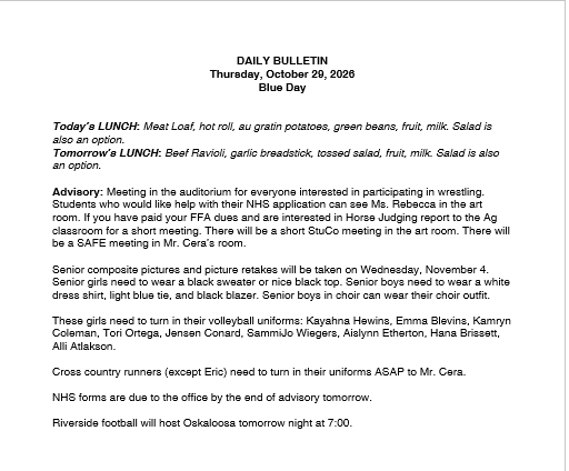 10/29/26 HS Daily Bulletin