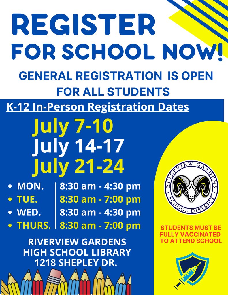 In-person registration support at RGHS library, 1218 Shepley Drive. July 7-10, July 14-17, and July 21-24.